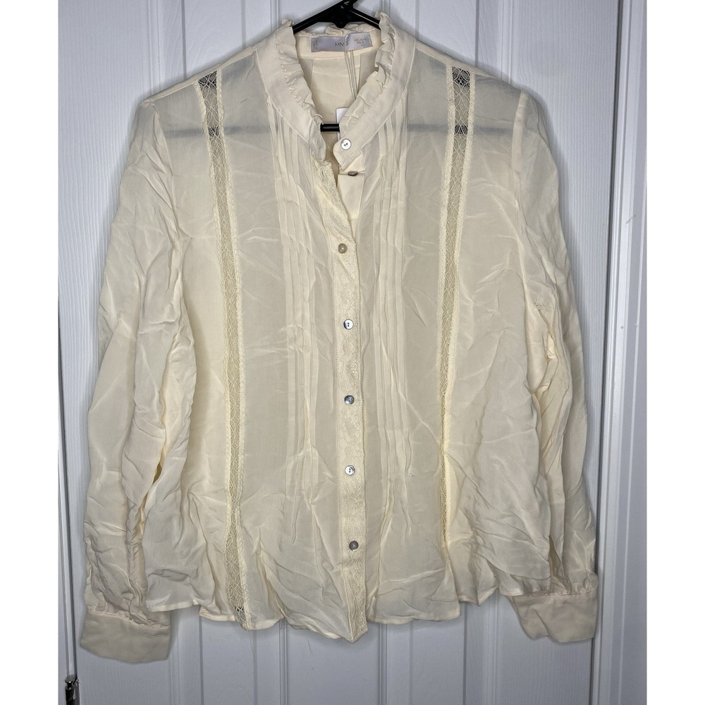 MNG Women's Sheer Button Front Long‎ Sleeve Shirt Cream Size Large New